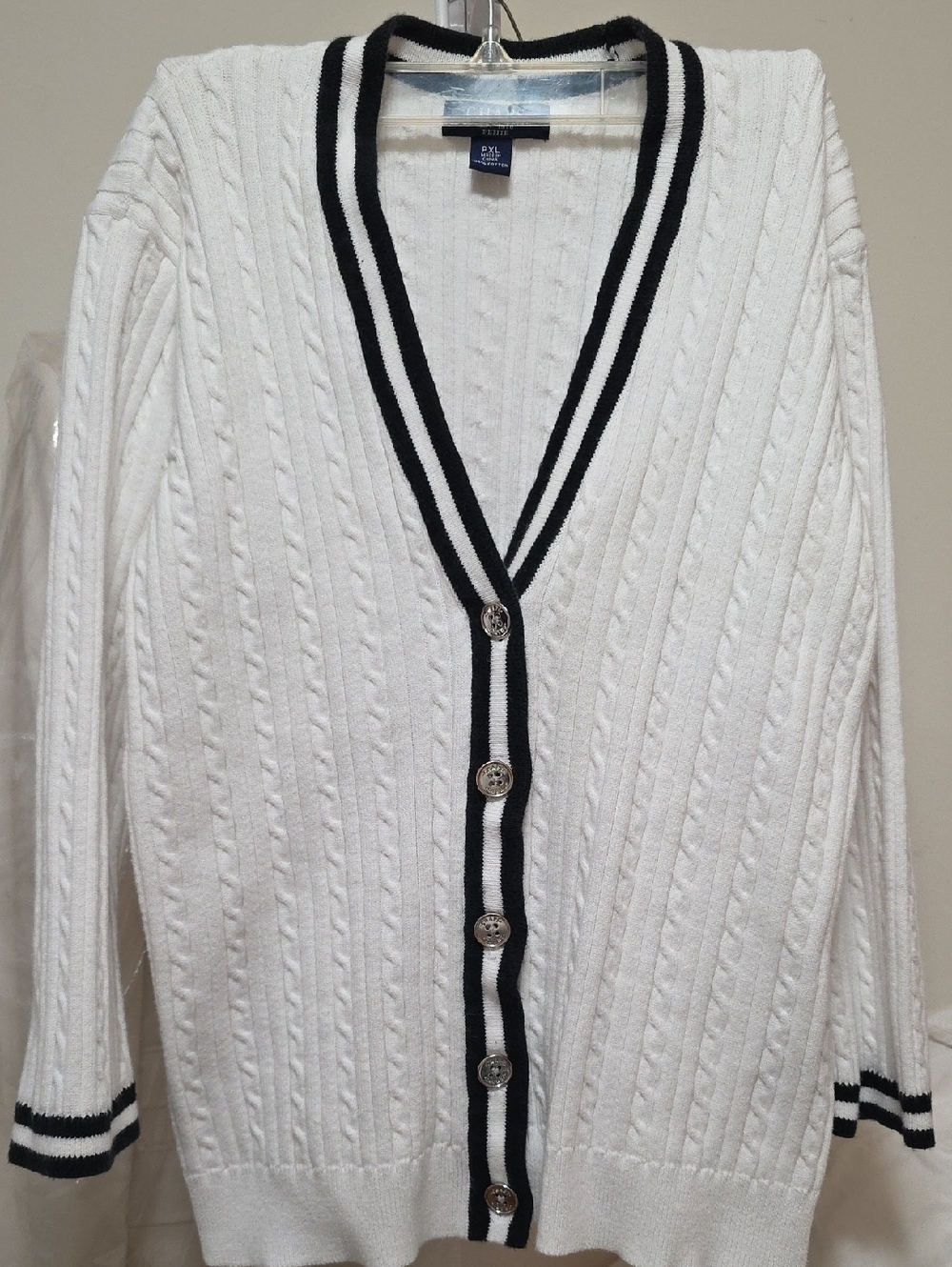 Classic White Cable-Knit Cardigan with Black Trim - Chaps Petite